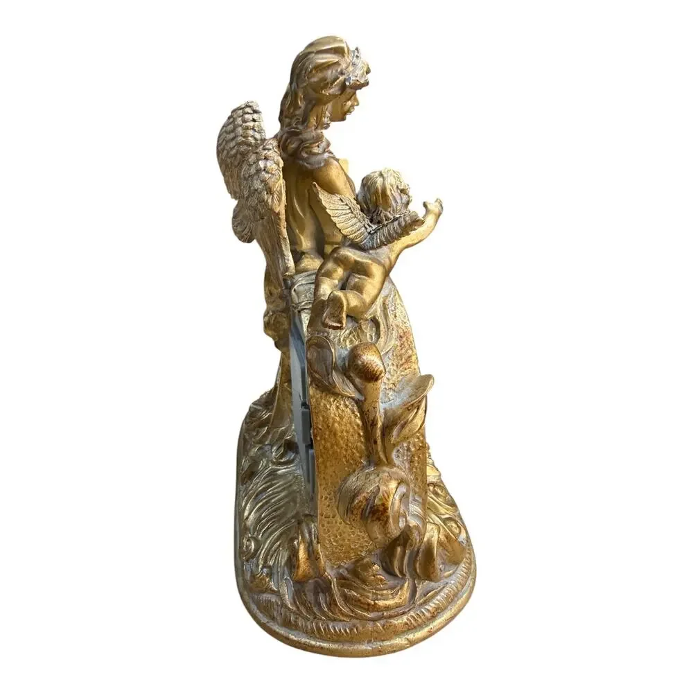 Vintage Crosa Angel Cherub Mantel Clock Gold Quartz Lyre Harp Table Decor 10”